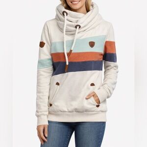 Wanakome Women’s Hoodie Cowl Neck Pullover Striped Cream Size M